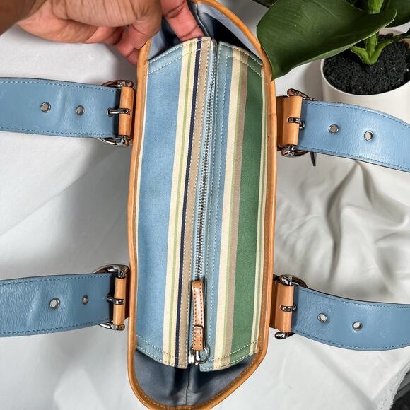 SOLD COACH Y2K 9516 Hampton Striped Canvas Mini Tote Bag Blue Green Tan Leather - Picture 9 of 11